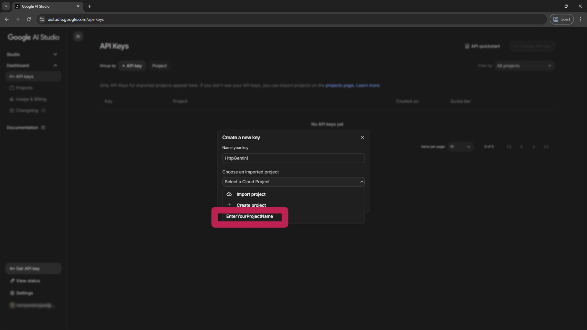 Naming the new Google Cloud project in the ‘Create a new project’ dialog.
