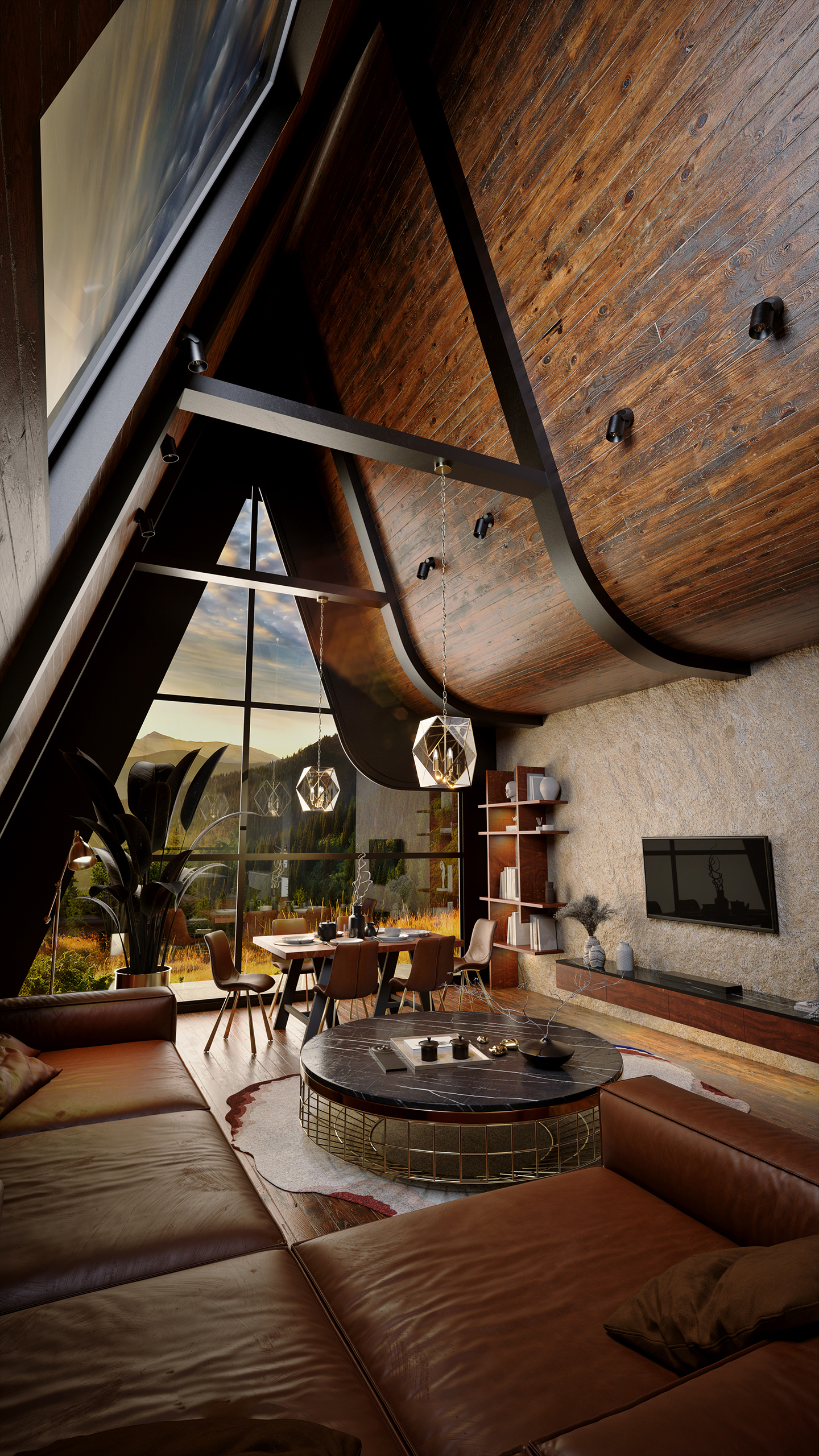 A-frame cabin design with natural wood textures and black accents - portfolio