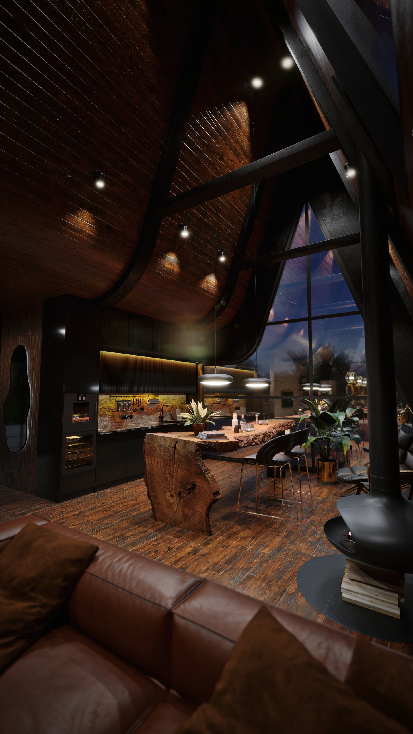 Night view of A-frame cabin