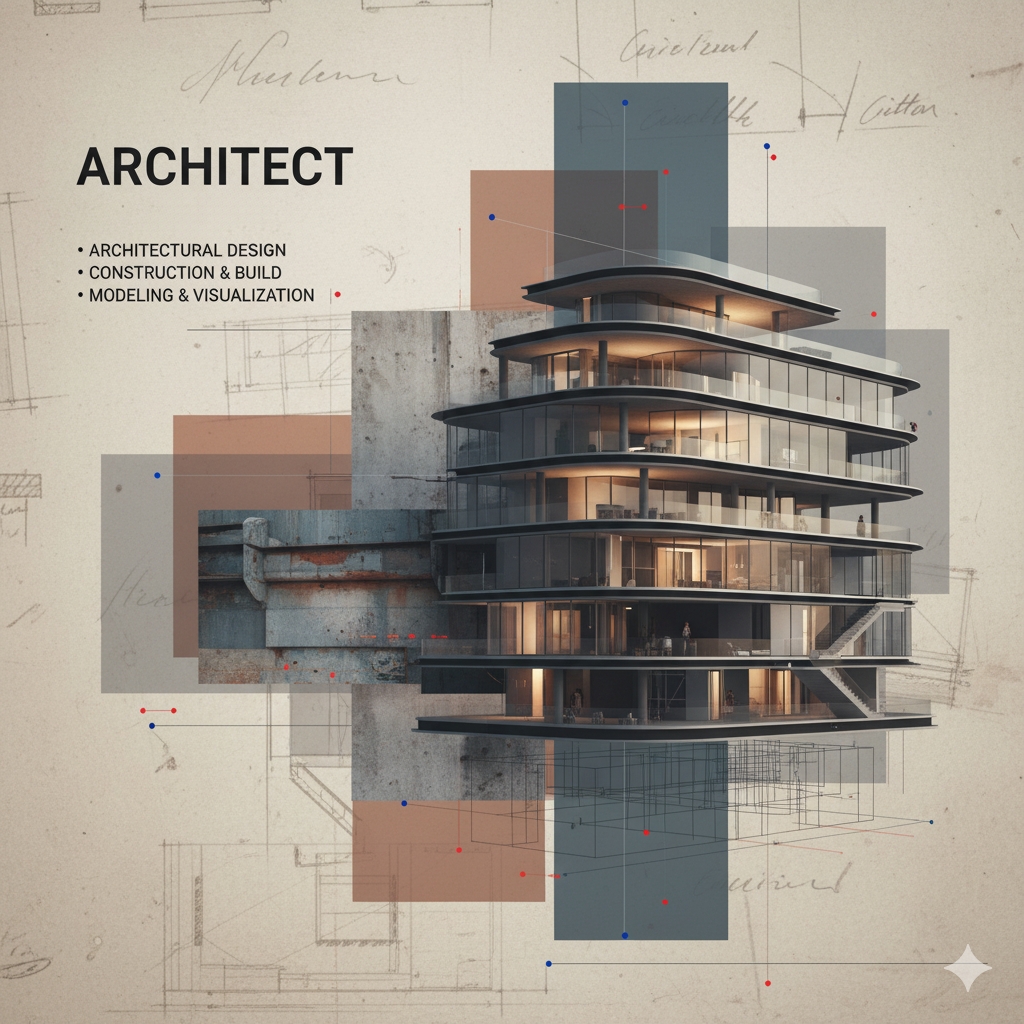 A banner for the R3D HILLS architecture portfolio. It features a stunning visualization of a modern glass building, layered with abstract design graphics and classic architectural sketches. The image lists key services: Architectural Design, Construction & Build, and Modeling & Visualization.