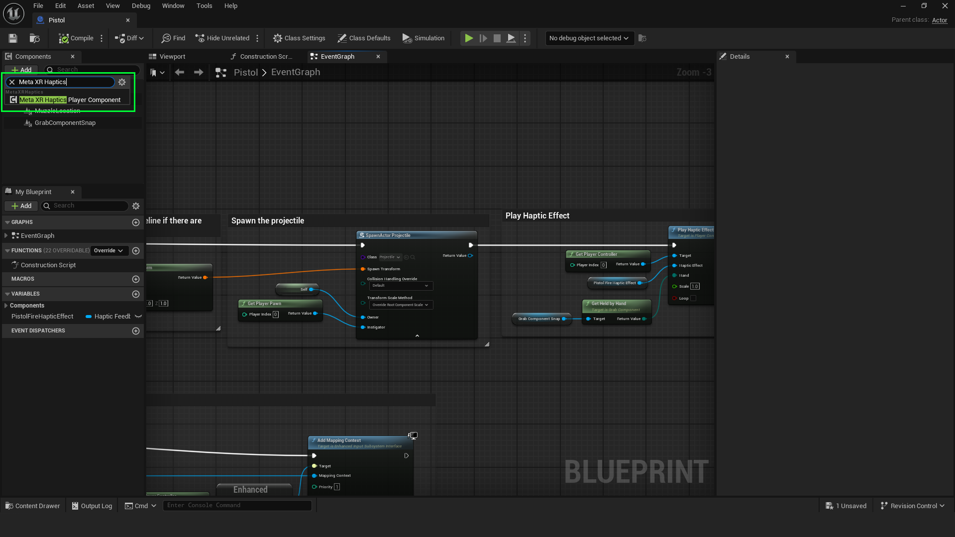 Adding the haptics player component.