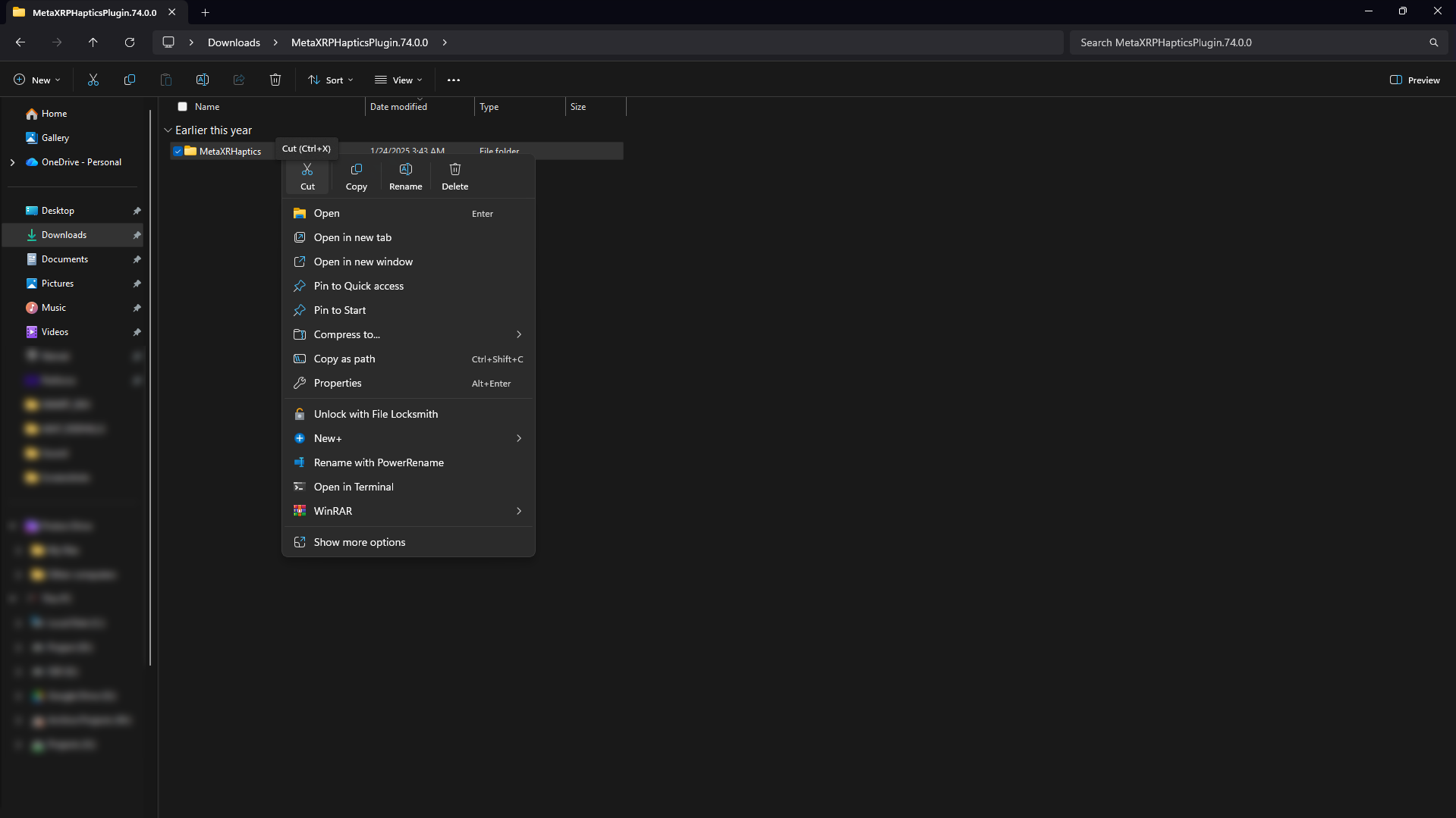 Copying the MetaXRHaptics plugin folder.
