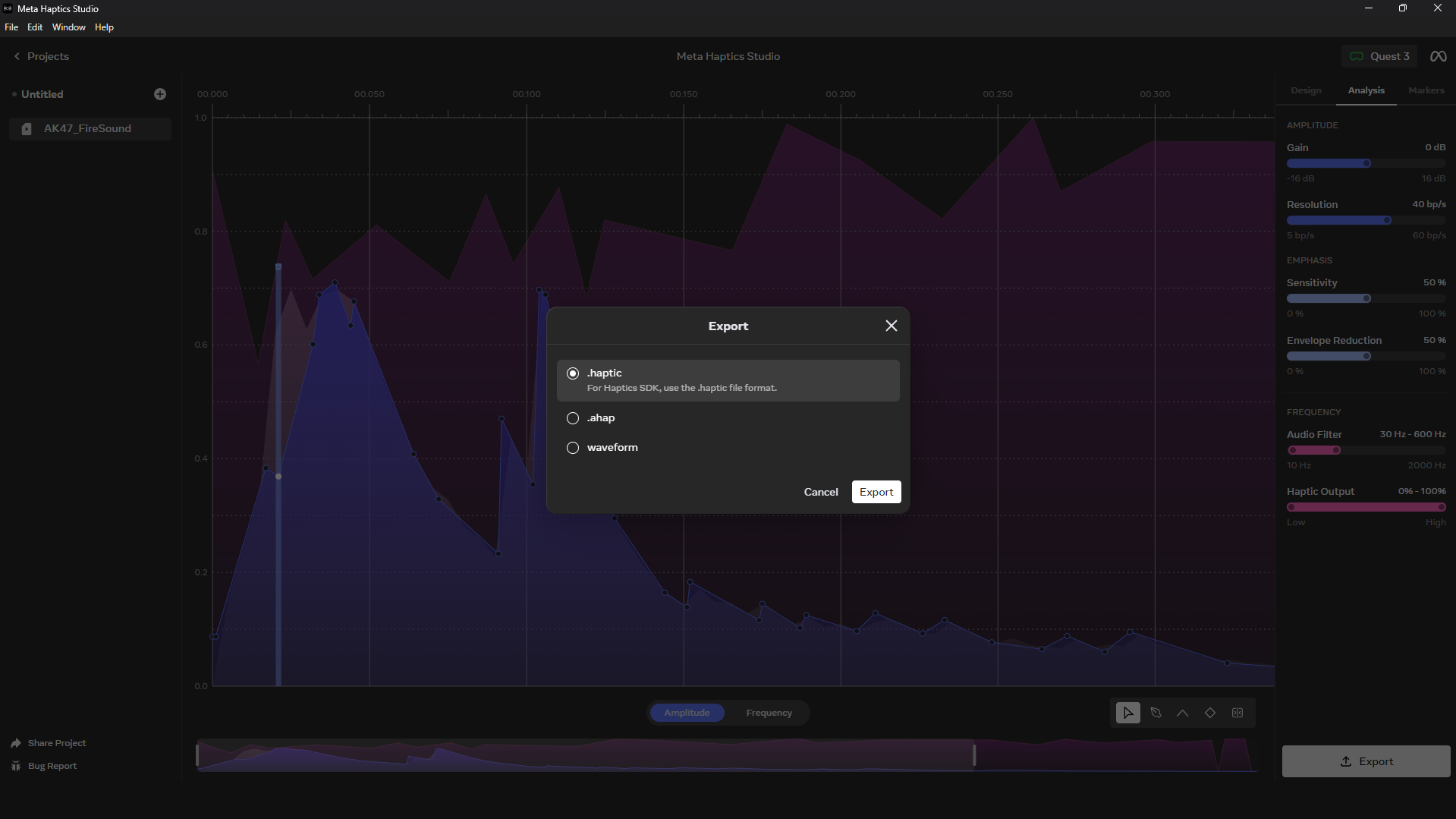 Saving the .haptic file.