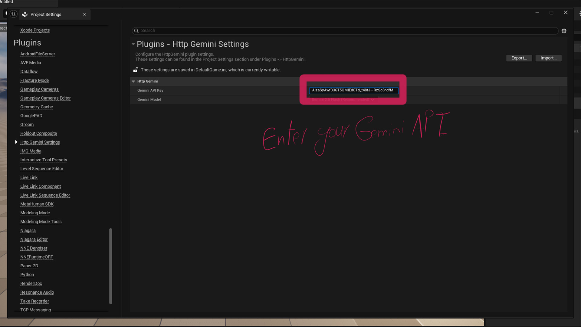 Pasting the Gemini API key into the HttpGemini plugin settings in Unreal Engine.