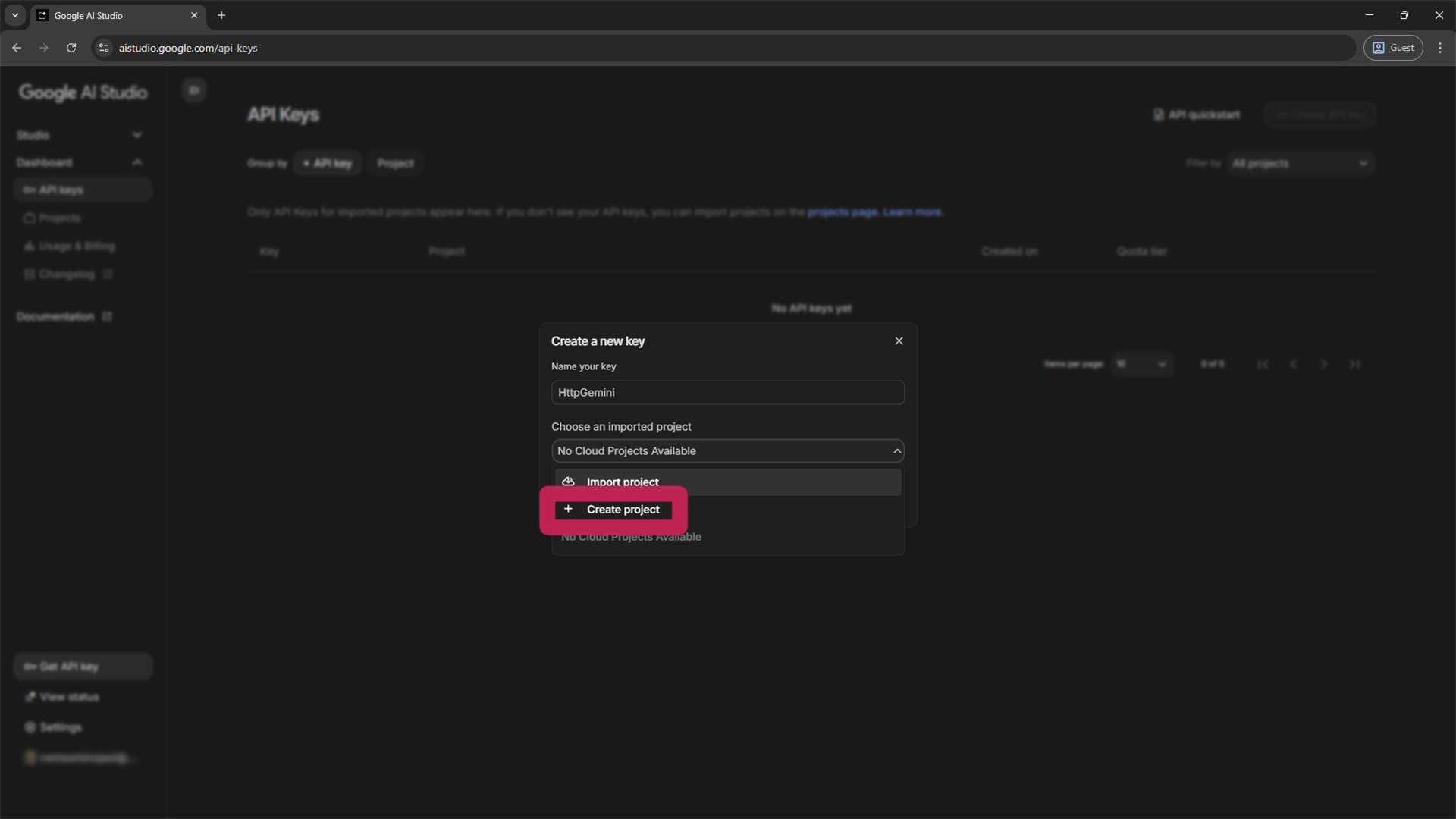 Creating a new Google Cloud project for the Gemini API key.