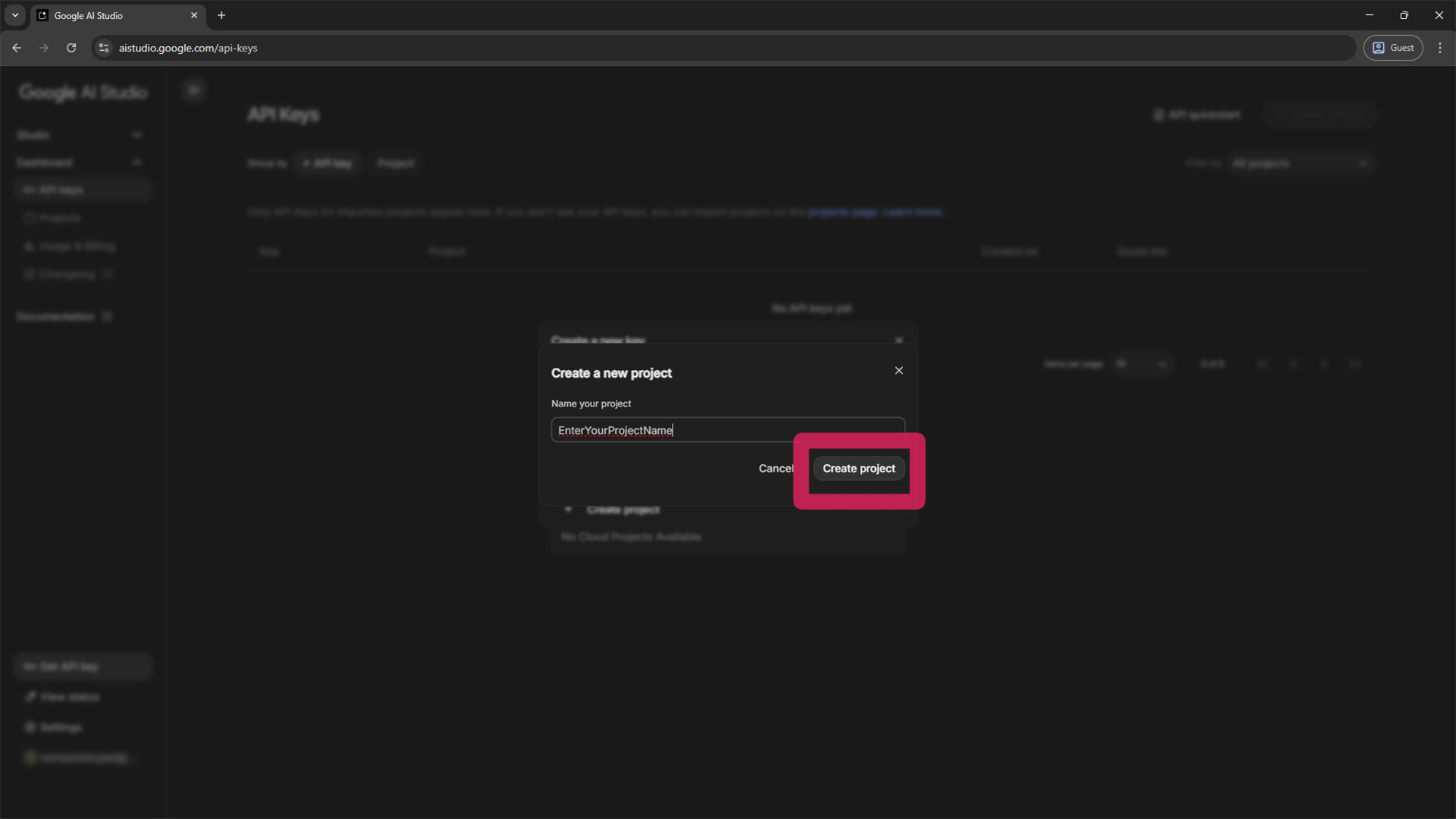 Entering a project name and creating the new project for the Gemini API.