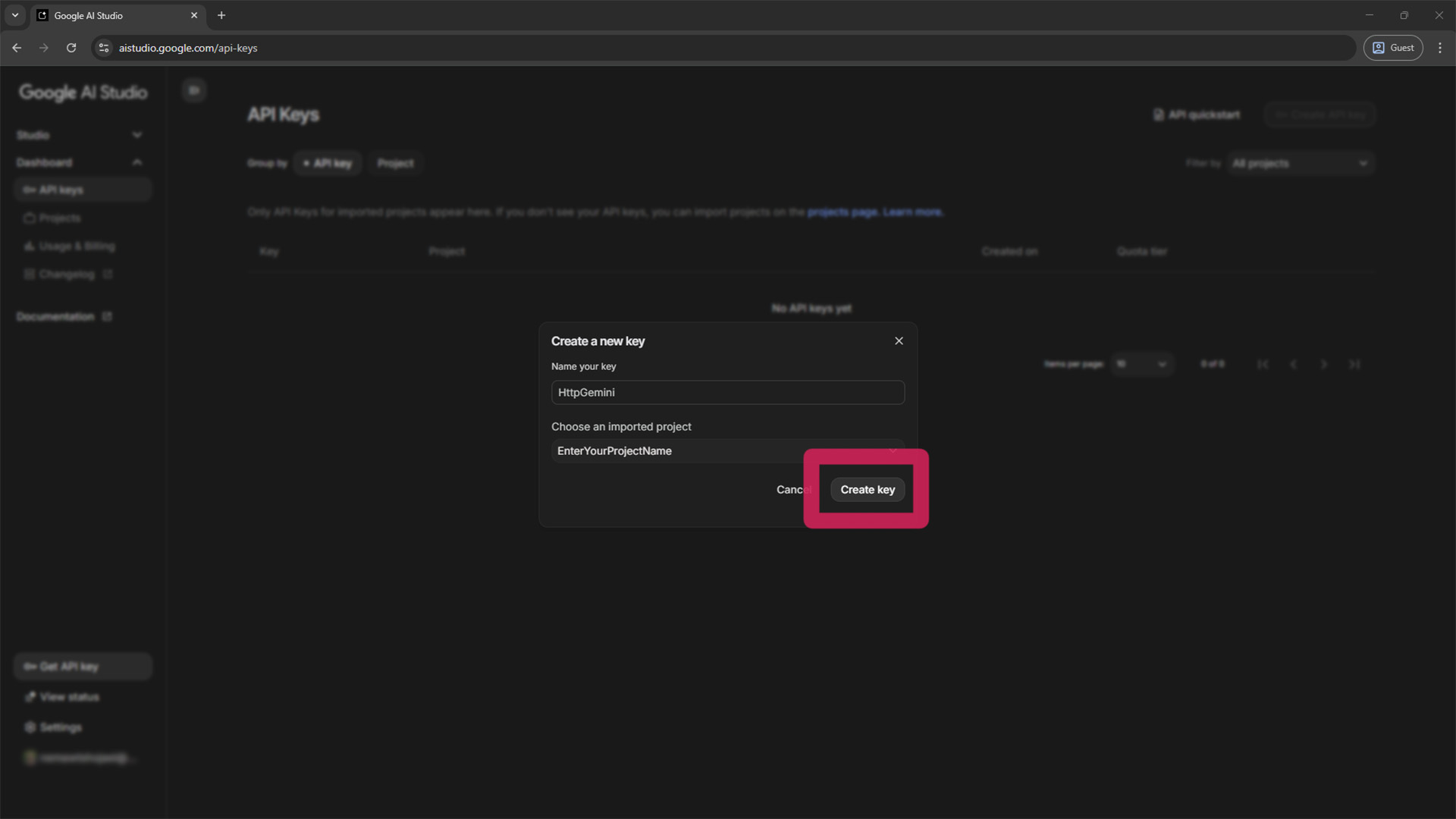 Finalizing the Gemini API key creation by clicking 'Create key'.