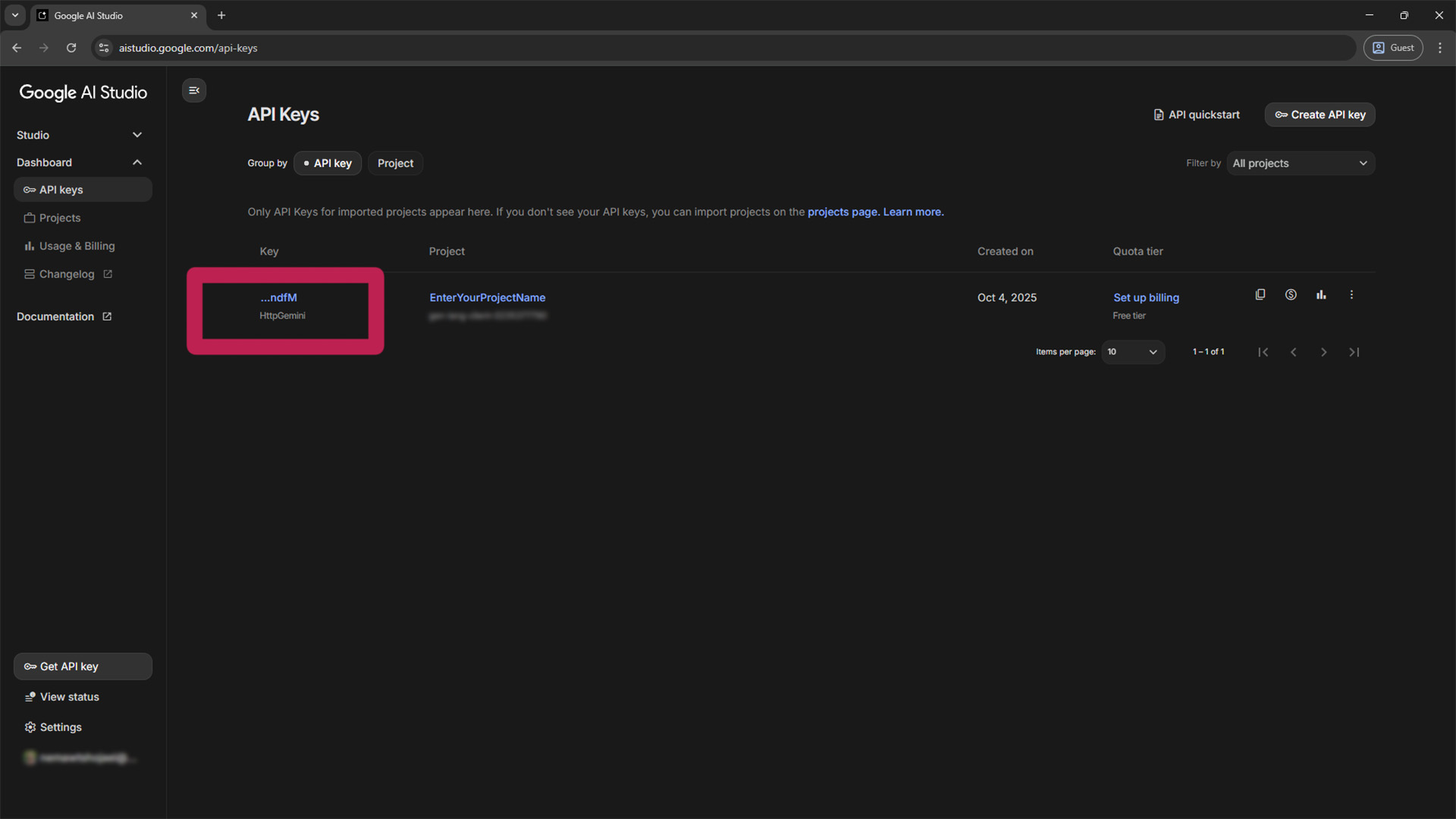The newly created Gemini API key listed in the dashboard.
