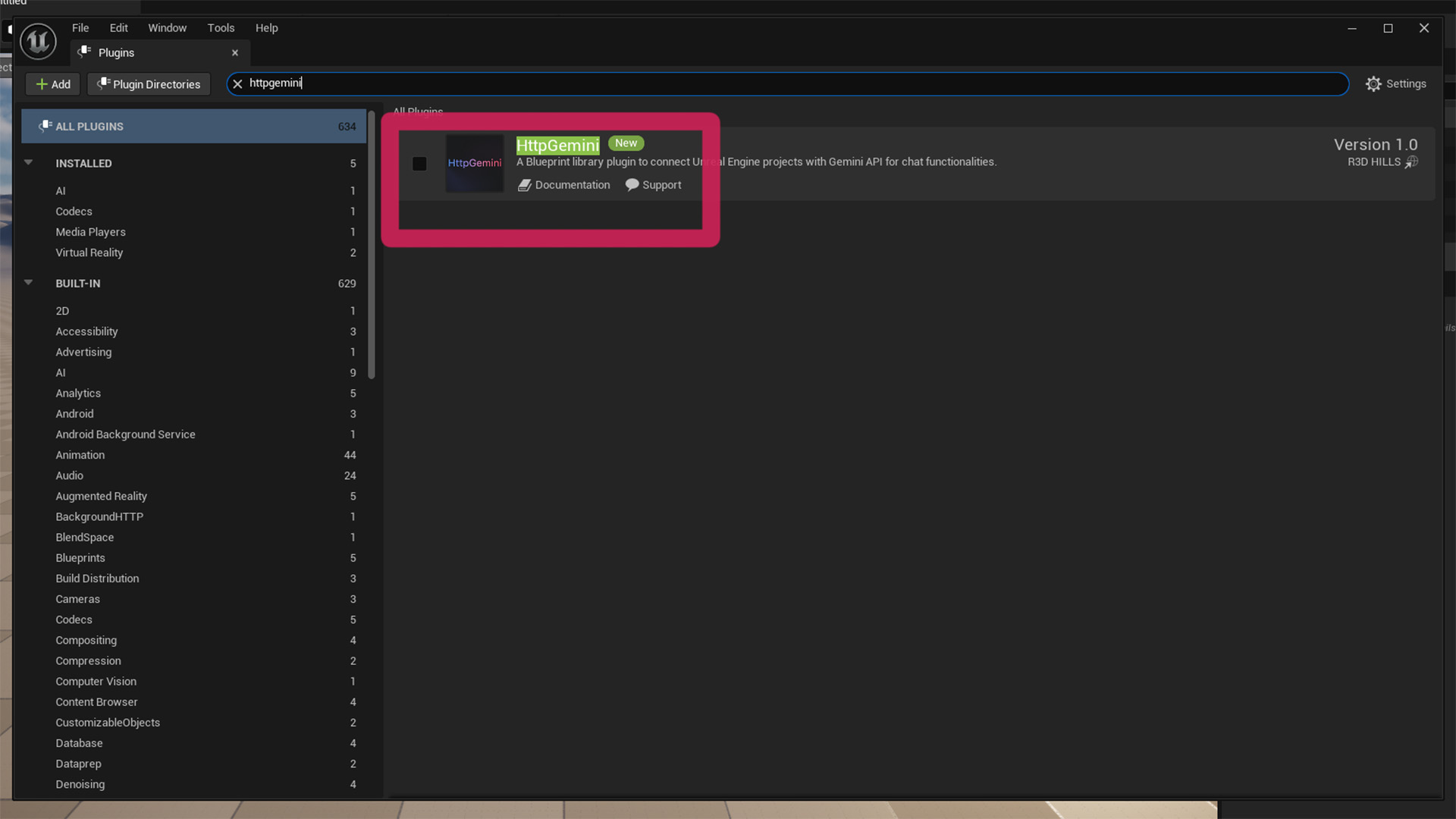 The HttpGemini plugin enabled in the Unreal Engine plugins window.