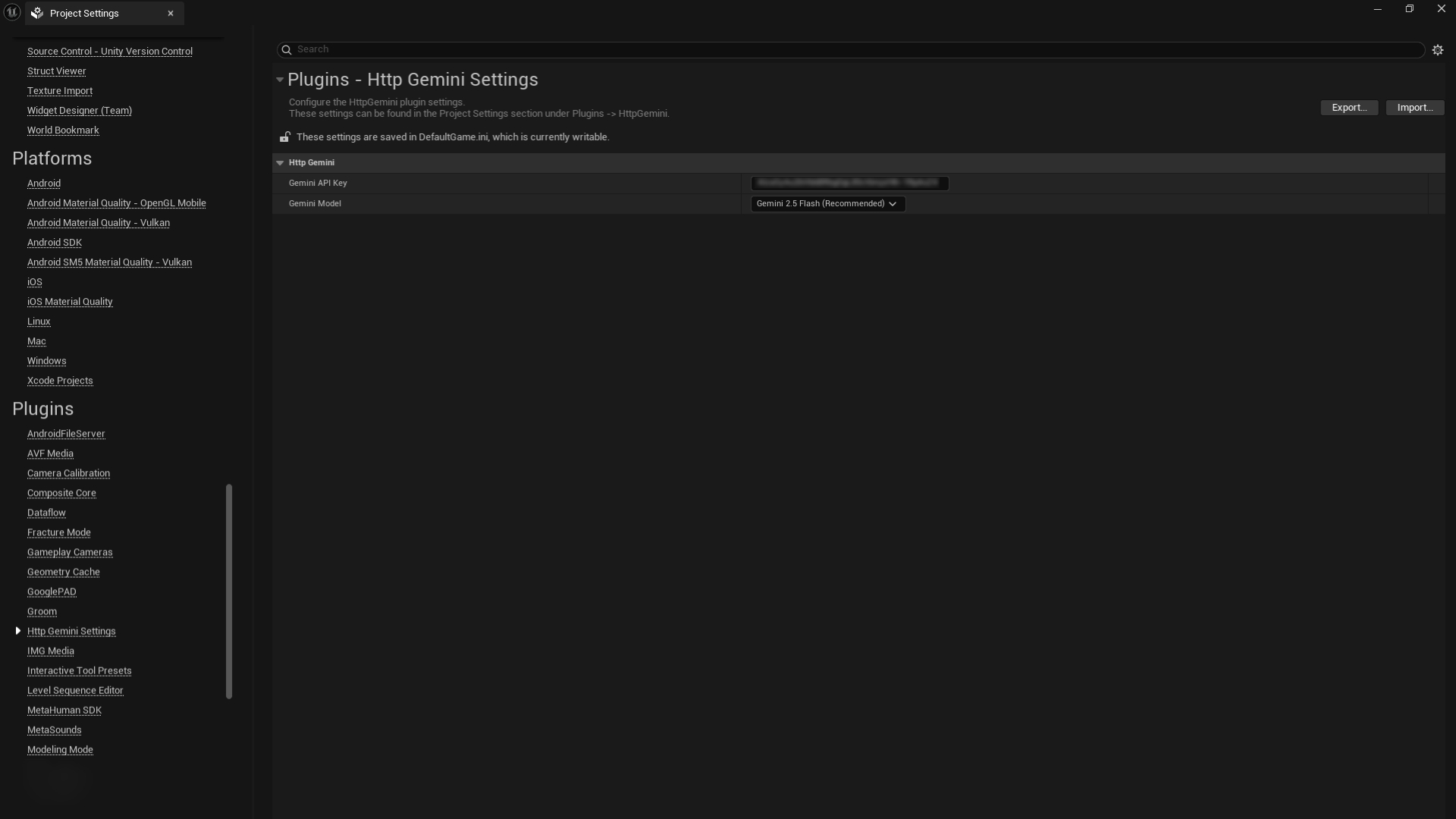 HttpGemini plugin configuration page in Unreal Engine Project Settings