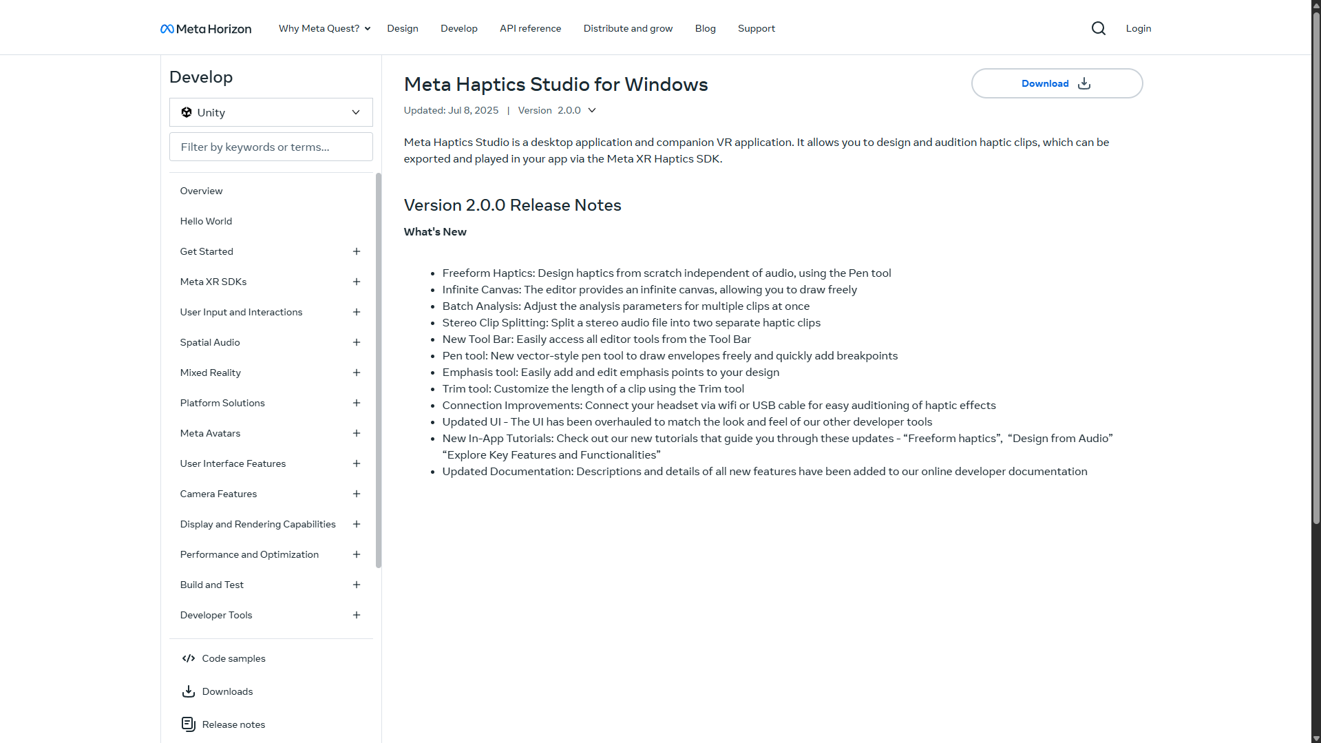 Meta Haptics Studio download page.