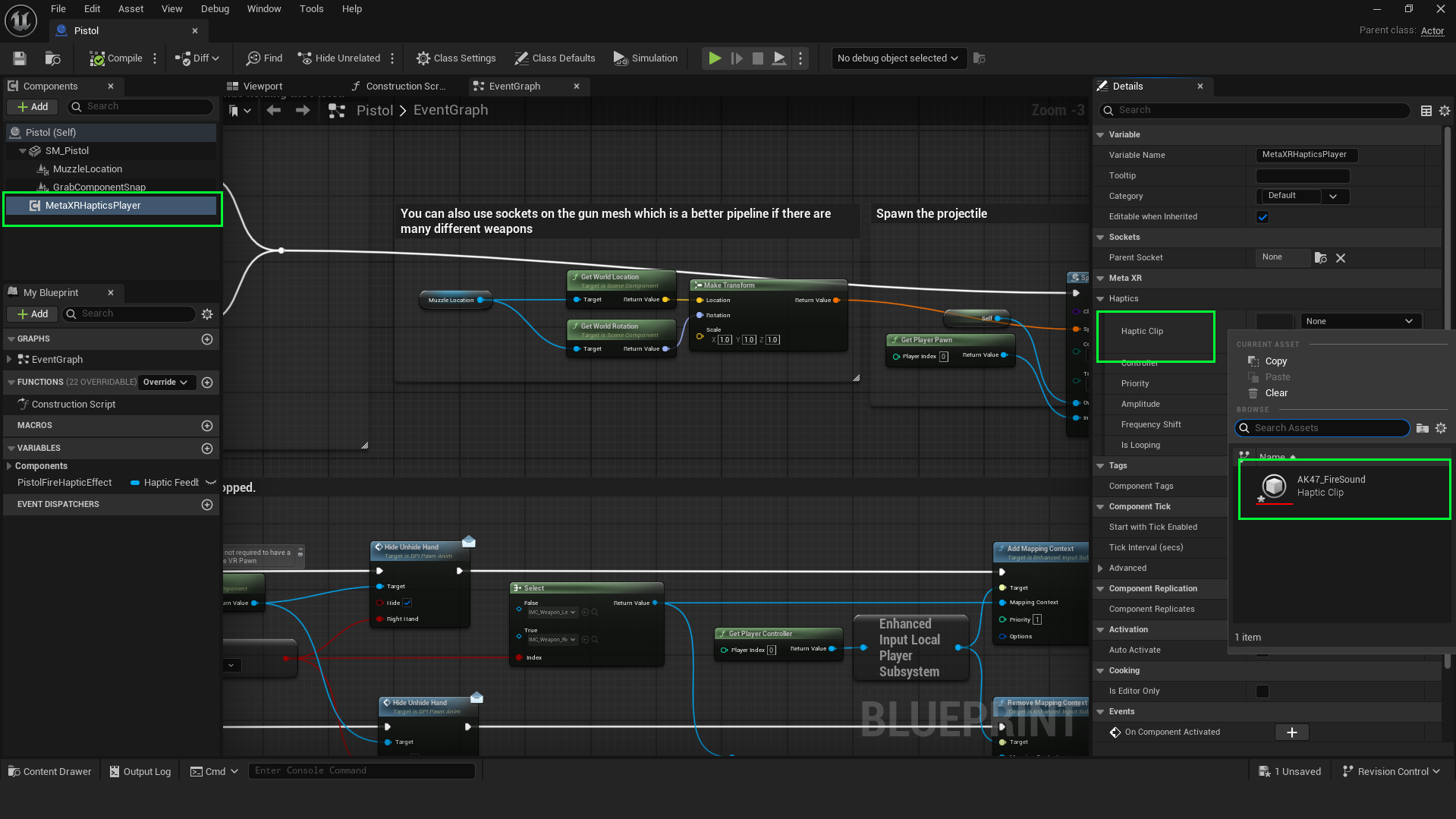 Assigning the haptic clip in the Details panel.